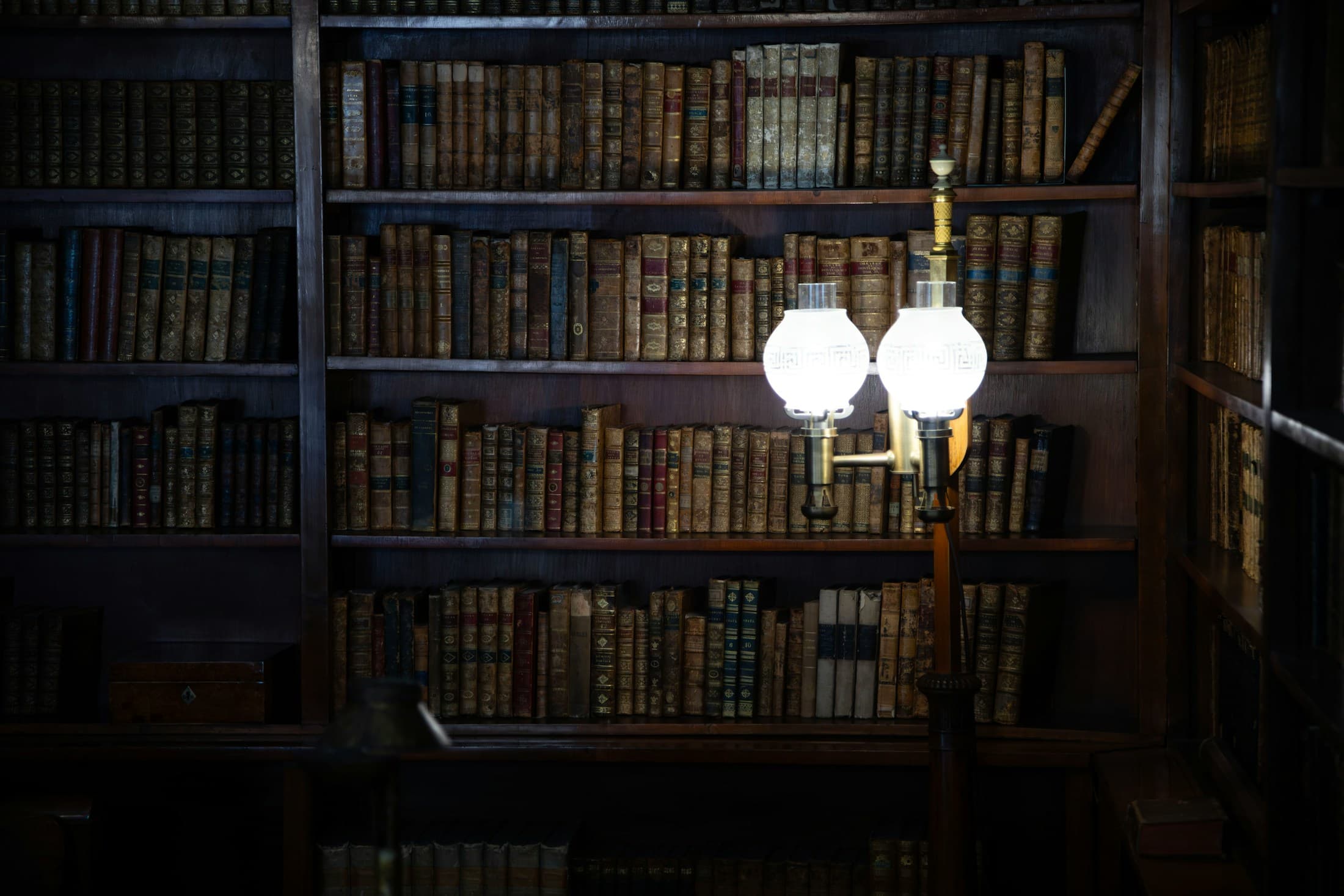 Library shelves with a soft reading lamp